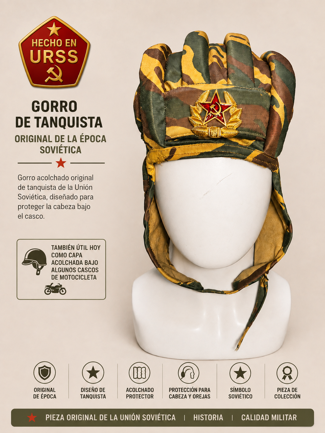 Gorro Soviético de Tanquista Original – Casco Acolchado de la URSS
