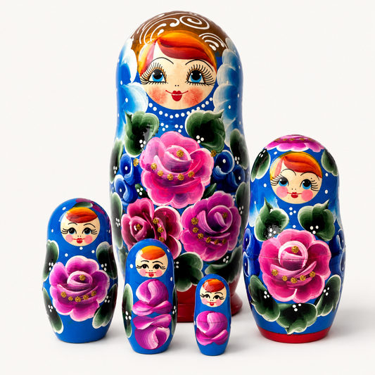 Matrioshka rusa “Rosas Azules” pintada a mano – 5 piezas | 18 cm