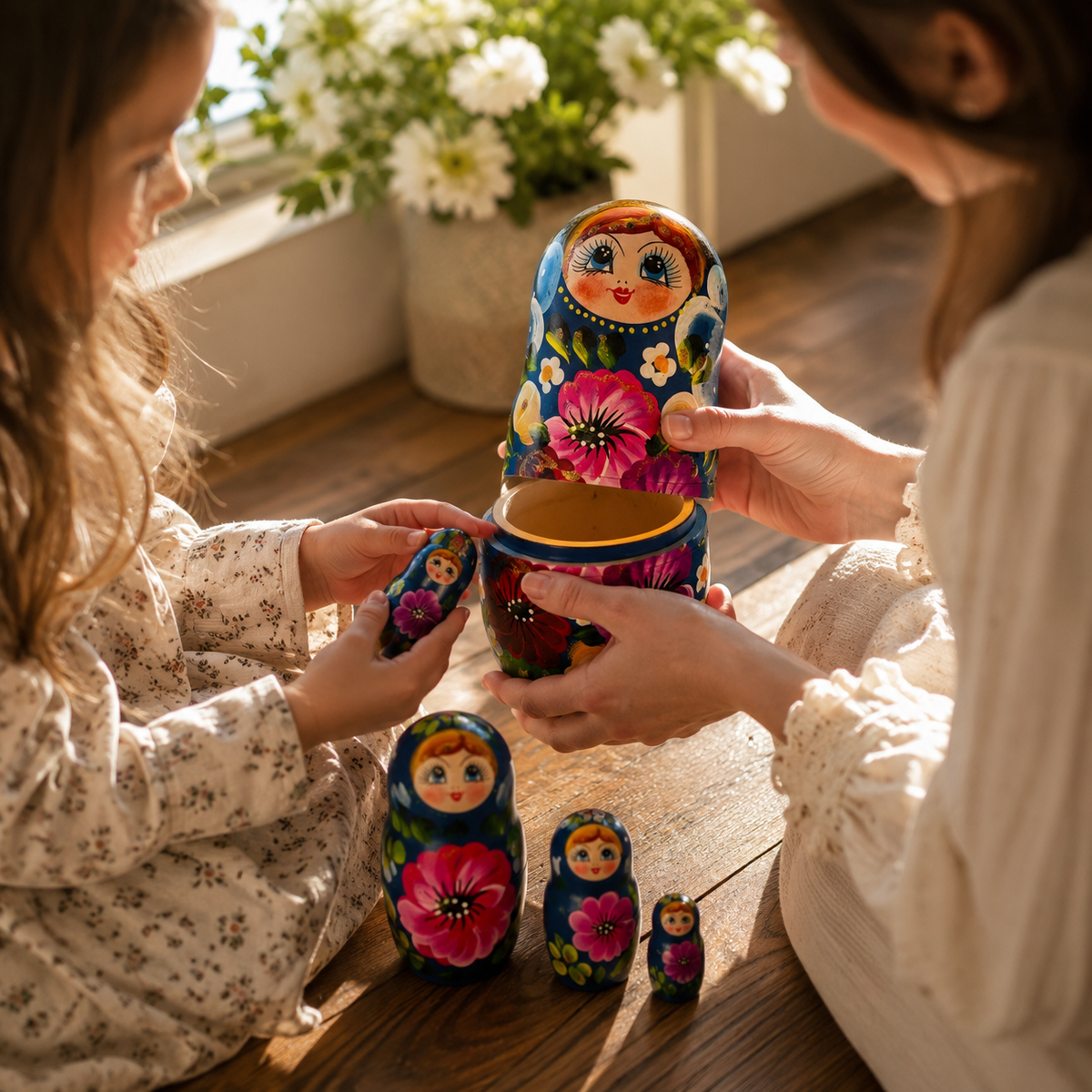 Matrioshka rusa “Cielo de Verano” pintada a mano – 5 piezas | 18 cm