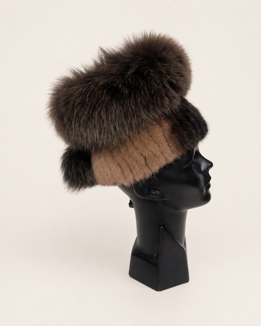 Gorro Ruso Moderno de Chinchilla y Zorro Ártico – Unitalla