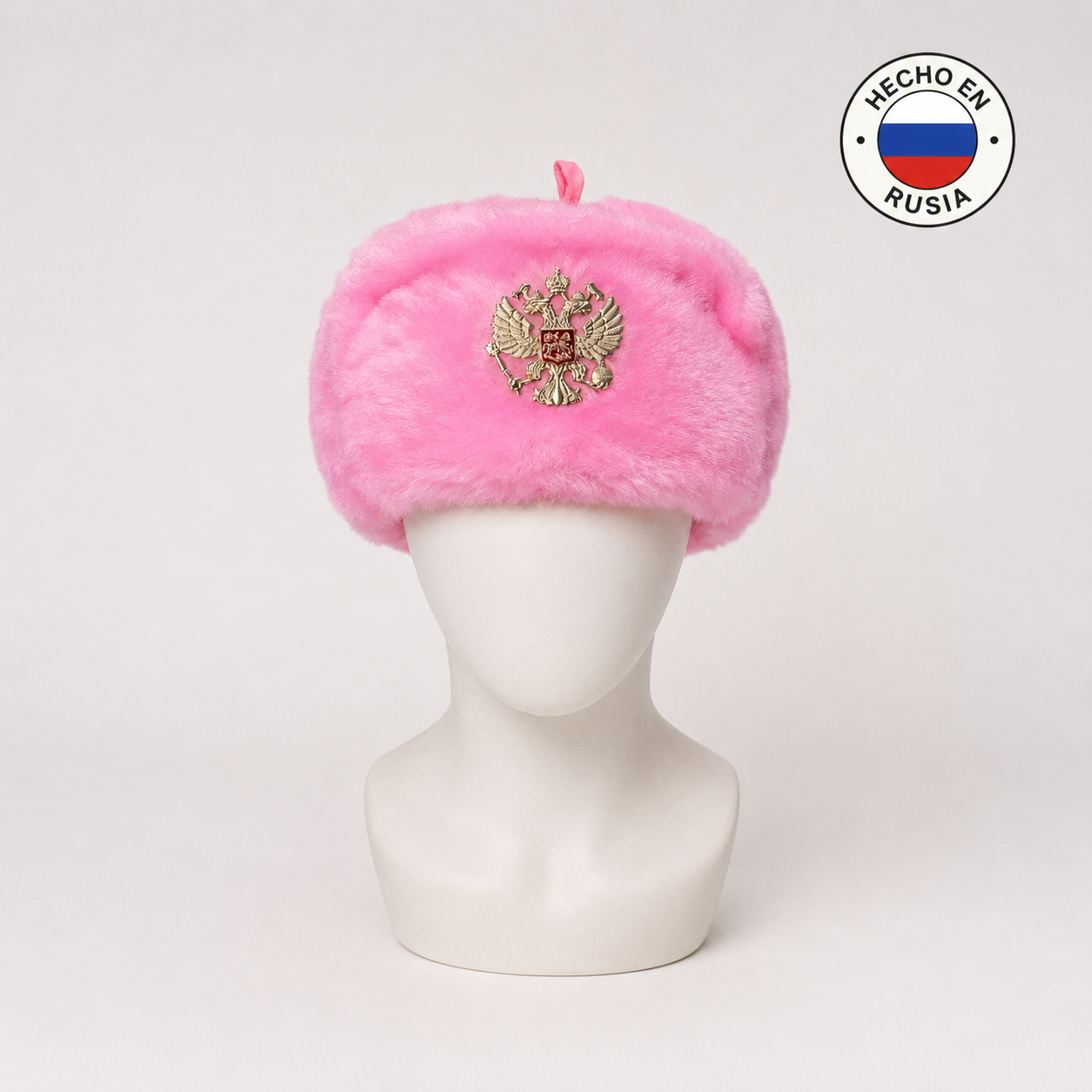 Gorro Ruso Rosa tipo Ushanka con Escudo Ruso