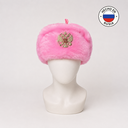 Gorro Ruso Rosa tipo Ushanka con Escudo Ruso