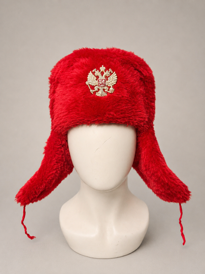 Gorro Ruso Rojo tipo Ushanka con Escudo Ruso