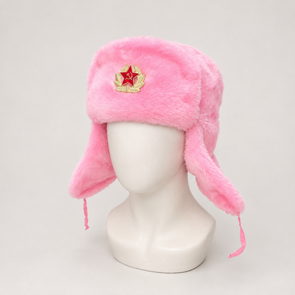 Gorro Ruso Rosa tipo Ushanka con Emblema Soviético