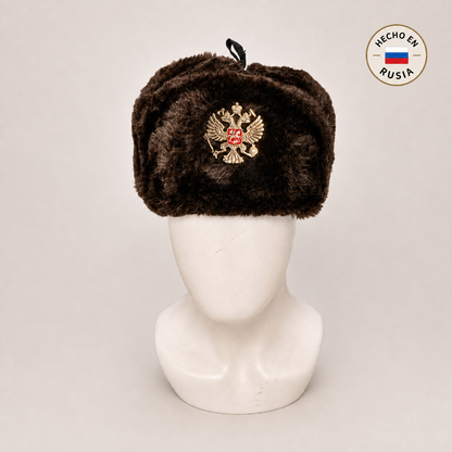 Gorro Ruso Café tipo Ushanka con Escudo Ruso