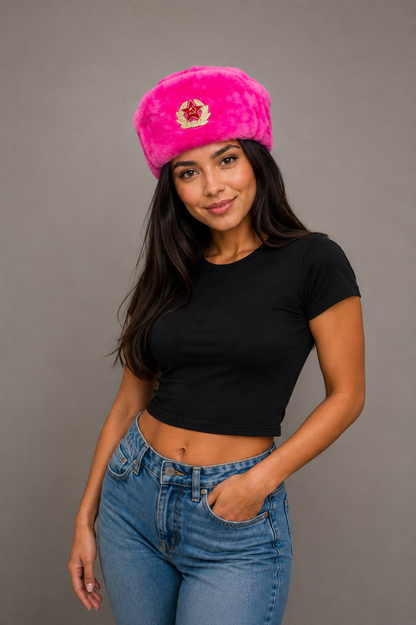 Ushanka Rusa Rosa con con Emblema Soviétic
