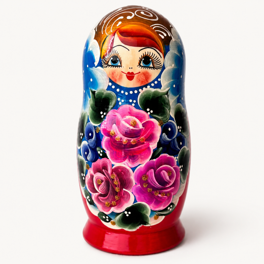 Matrioshka rusa “Rosas Azules”  pintada a mano – 5 piezas | 18 cm