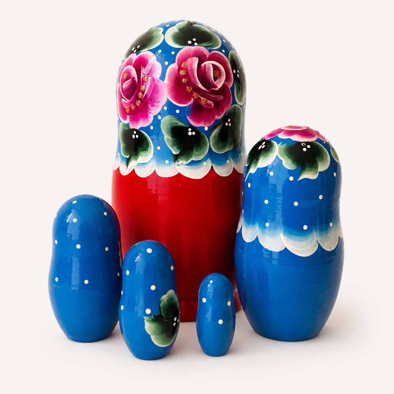Matrioshka rusa “Rosas Azules”  pintada a mano – 5 piezas | 18 cm