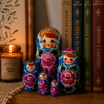 Matrioshka rusa “Rosas Azules”  pintada a mano – 5 piezas | 18 cm