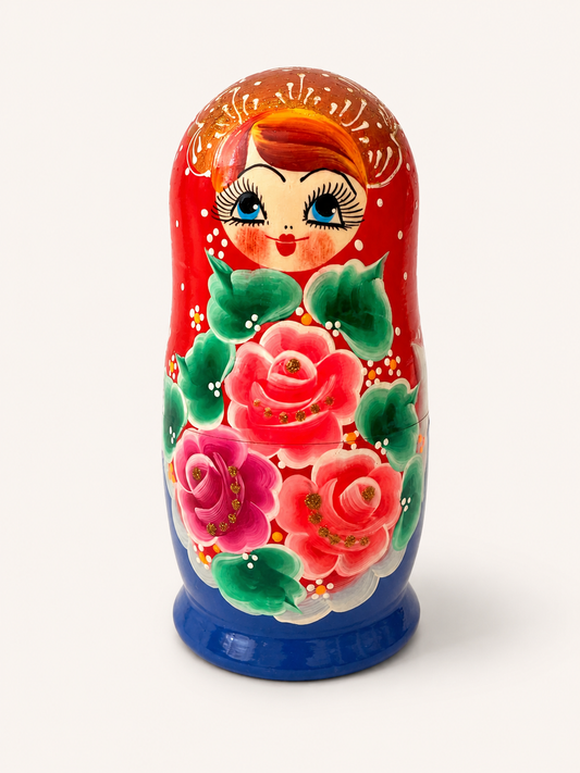 Matrioshka rusa «Jardín Escarlata» pintada a mano – 5 piezas | 18 cm
