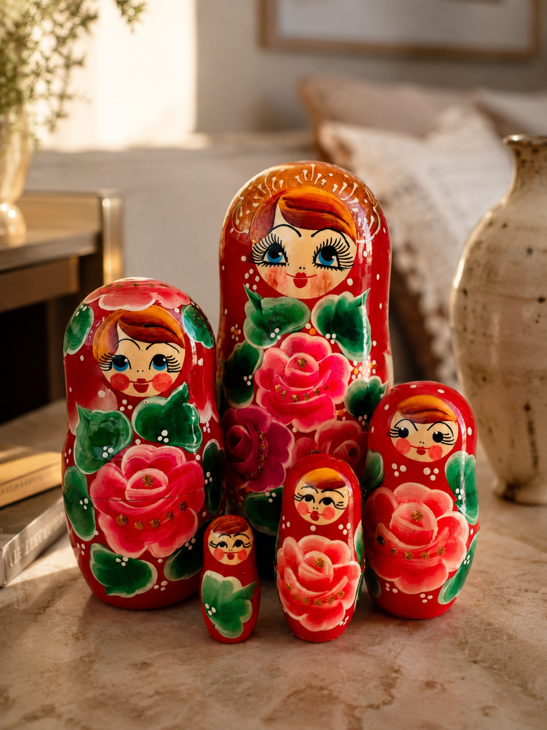 Matrioshka rusa «Jardín Escarlata» pintada a mano – 5 piezas | 18 cm