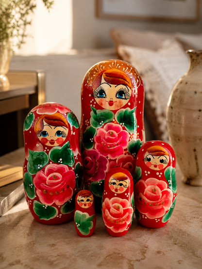 Matrioshka rusa «Jardín Escarlata» pintada a mano – 5 piezas | 18 cm
