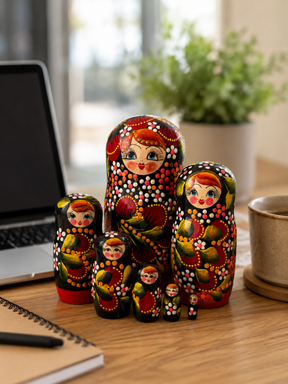 Matrioshka rusa «Constelación Escarlata» pintada a mano