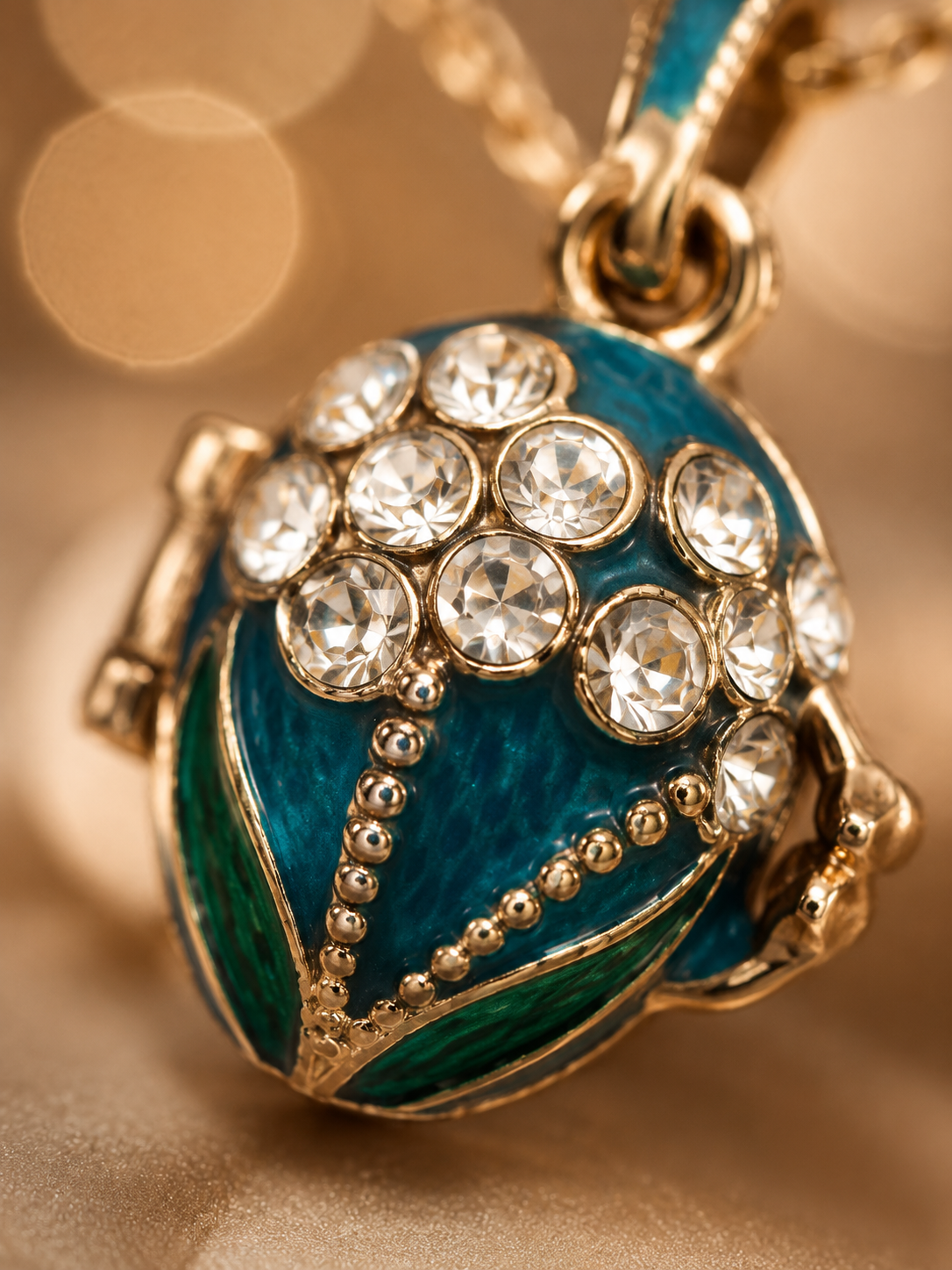 Collar con Dije Estilo Fabergé de Esmalte Azul y Cristales