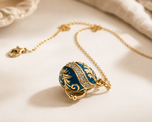 Collar con dije relicario Huevo Imperial Azul con Detalles Dorados