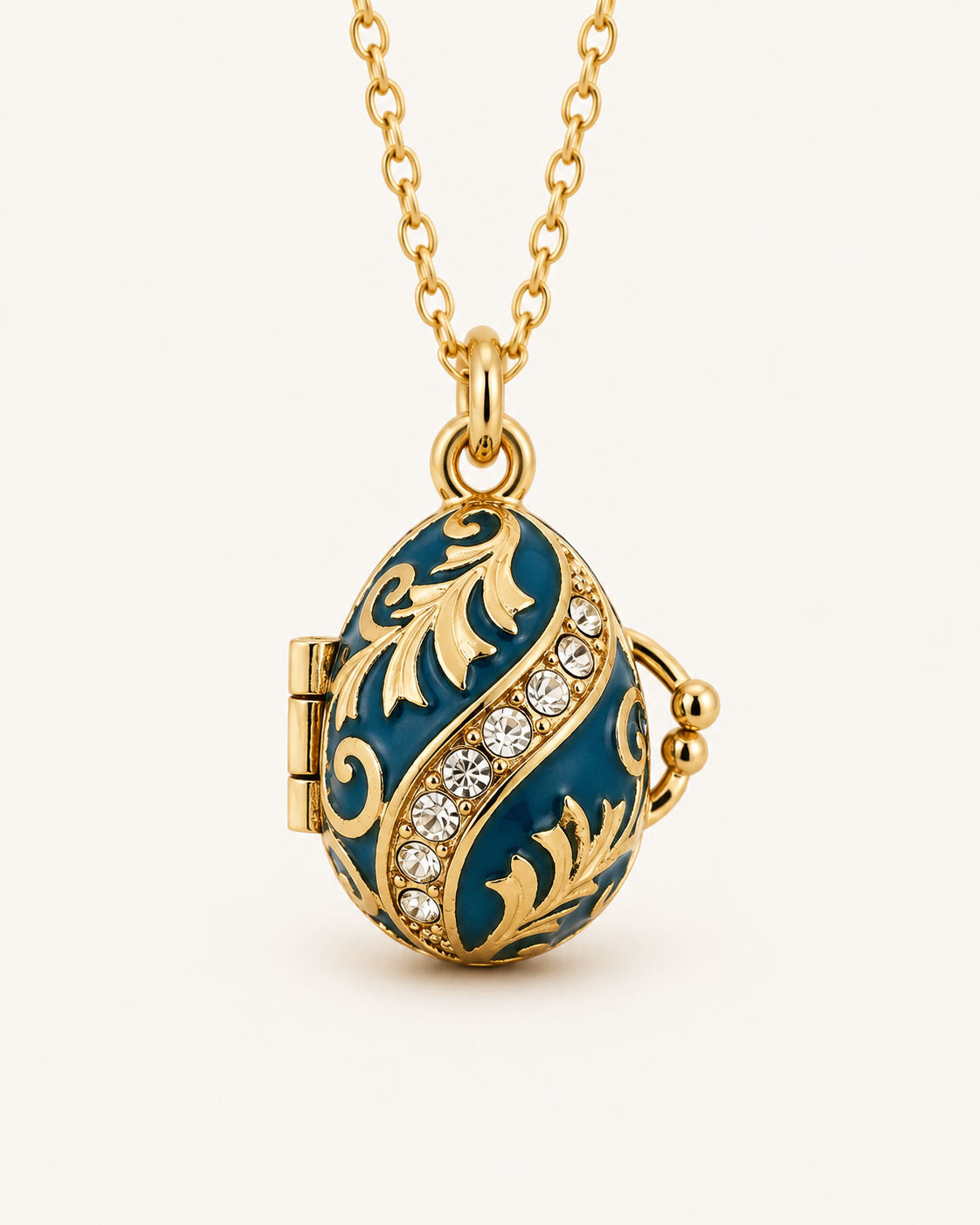 Collar con dije relicario Huevo Imperial Azul con Detalles Dorados