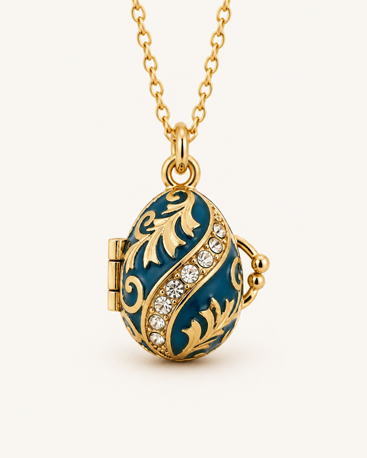 Collar con dije relicario Huevo Imperial Azul con Detalles Dorados