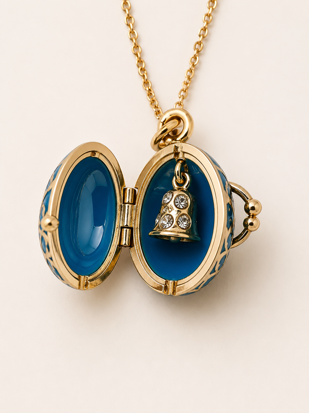 Collar con dije relicario Huevo Imperial Azul con Detalles Dorados