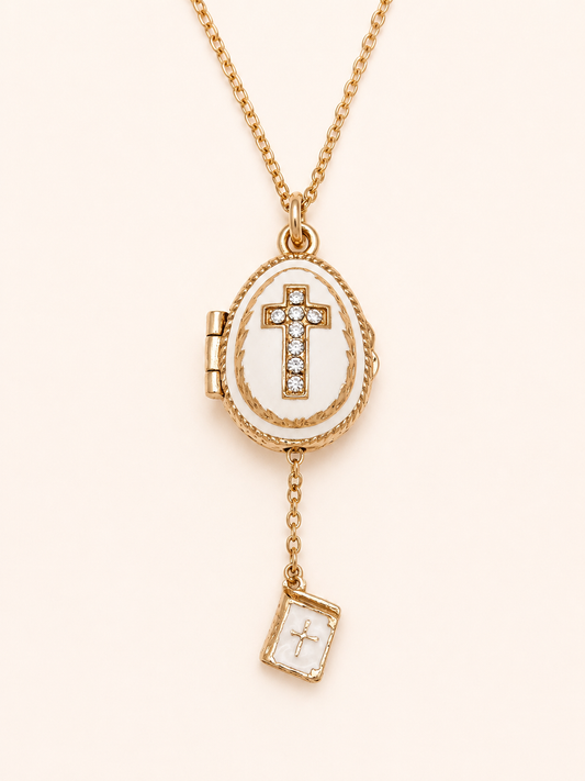 Dije Huevo Fabergé Blanco con Biblia