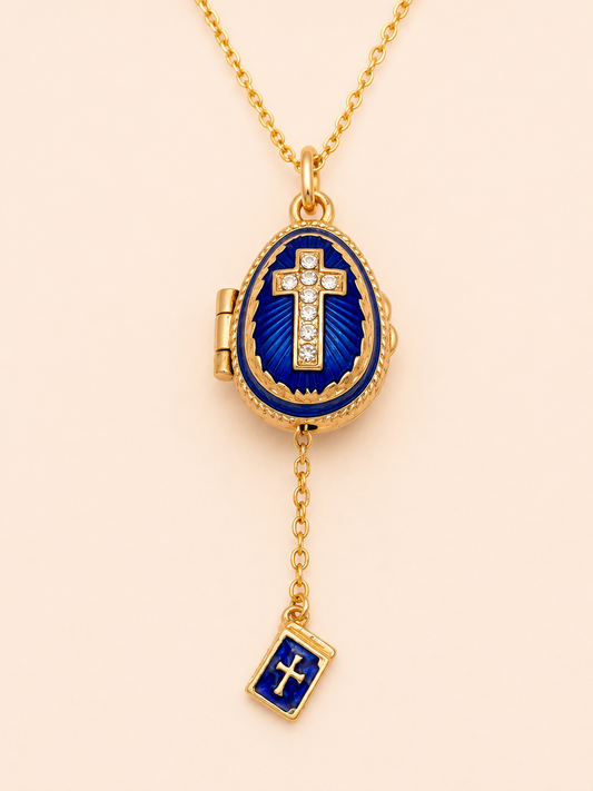 Dije Huevo Fabergé Azul Real con Biblia