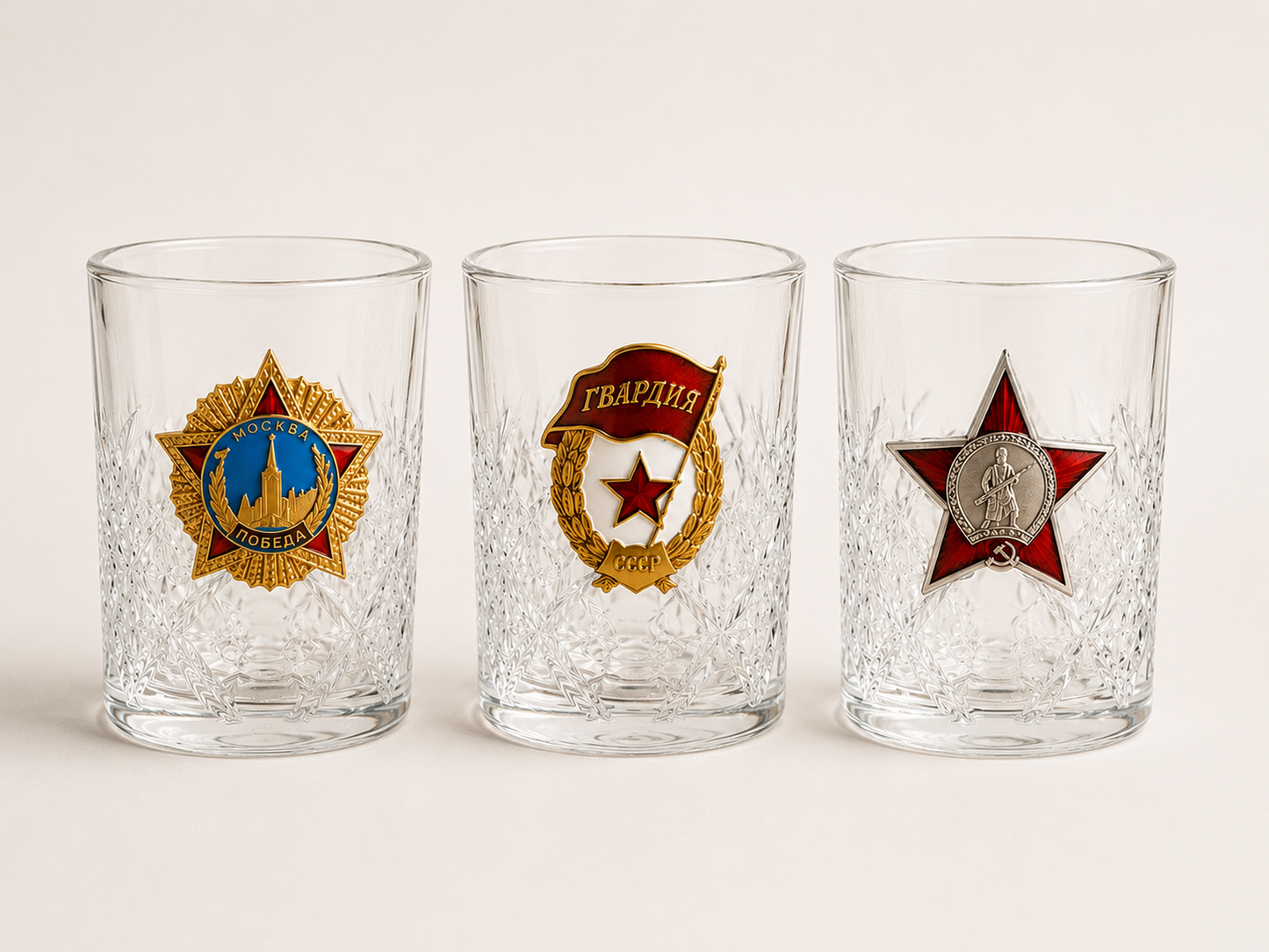 Set de 3 Vasos de Cristal con Emblemas Soviéticos